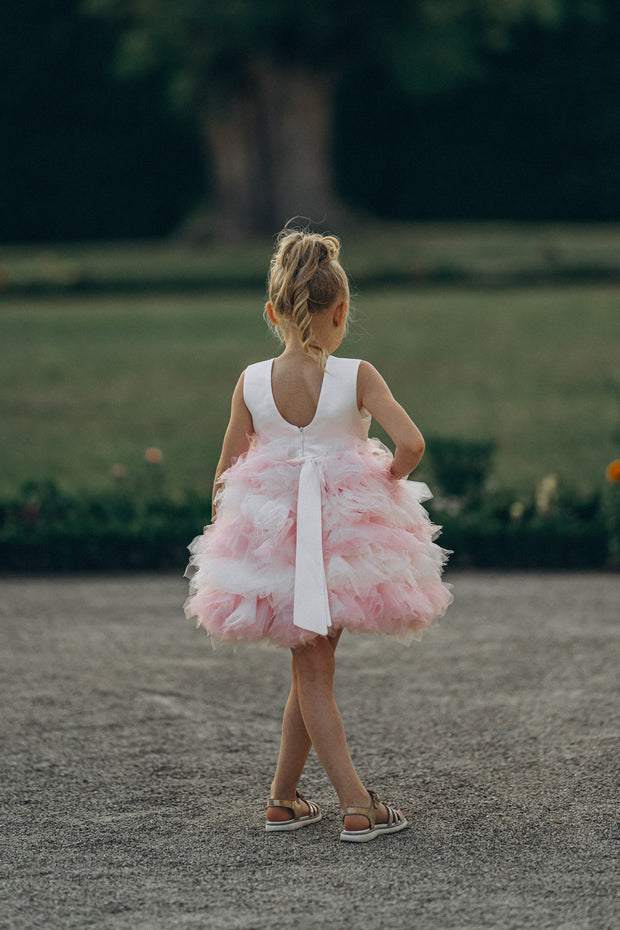 Girl tutu dress with white and pink ruffle tulle skirt