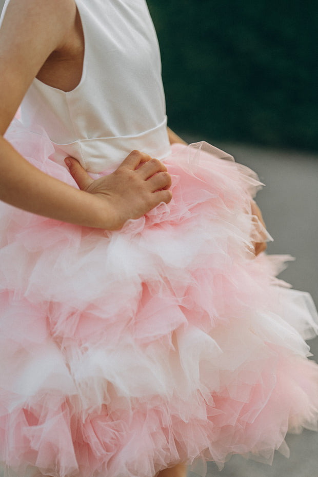 Girl tutu dress with white and pink ruffle tulle skirt