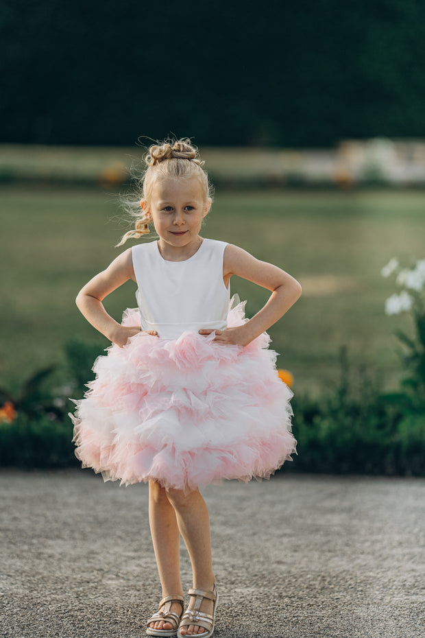 Girl tutu dress with white and pink ruffle tulle skirt