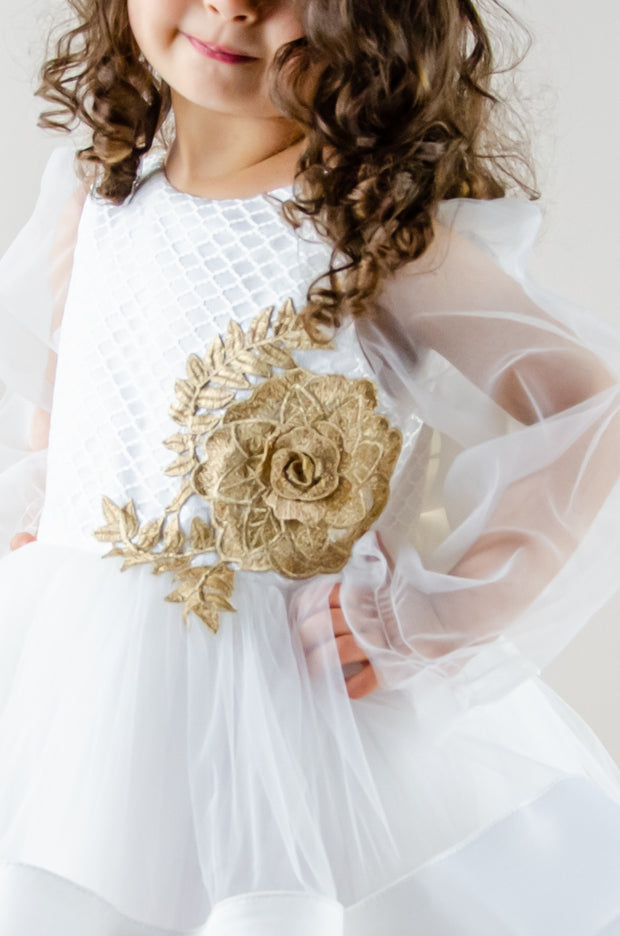 Short white flower girl dress with a multi-layer tutu skirt, transparent sleeves and 3D floral embroidery in gold. The dress is for weddings, birthdays, parties, flower girls and other special formal events and occasions.