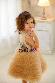 handmade short baby girl flower girl dress, beige with ruffled tulle skirt, top embroidered with red flowers and sequins
