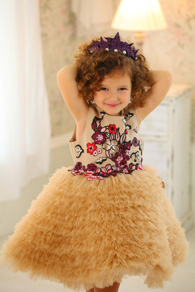 handmade short baby girl flower girl dress, beige with ruffled tulle skirt, top embroidered with red flowers and sequins