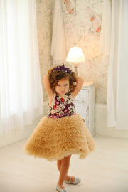 handmade short baby girl flower girl dress, beige with ruffled tulle skirt, top embroidered with red flowers and sequins