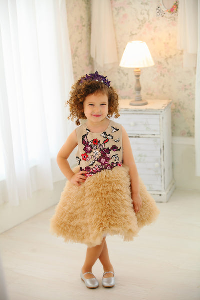 handmade short baby girl flower girl dress, beige with ruffled tulle skirt, top embroidered with red flowers and sequins