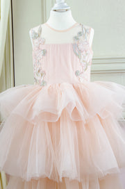 handmade, midi soft apricot tulle princess girl dress with multi-layer tulle skirt and floral embroidery