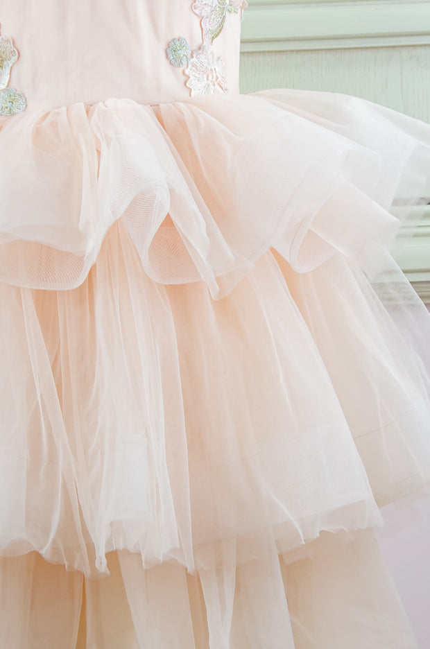 handmade, midi soft apricot tulle princess girl dress with multi-layer tulle skirt and floral embroidery