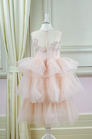 handmade, midi soft apricot tulle princess girl dress with multi-layer tulle skirt and floral embroidery