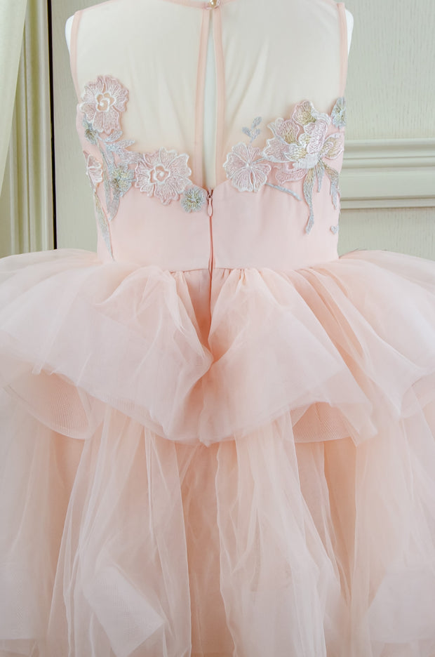 handmade, midi soft apricot tulle princess girl dress with multi-layer tulle skirt and floral embroidery