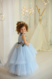 blue flower girl dress with satin upper part decorated by 3d floral embellishment and multi-layer tulle skirt 