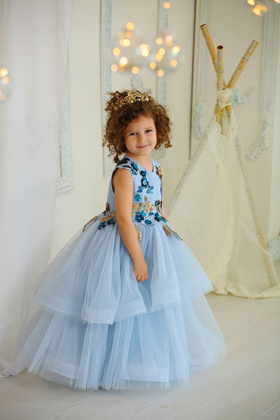 blue flower girl dress with satin upper part decorated by 3d floral embellishment and multi-layer tulle skirt 