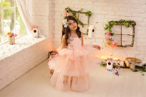 tulle girl dress with multi-layer pastel tulle skirt and floral embellishment for special occasions