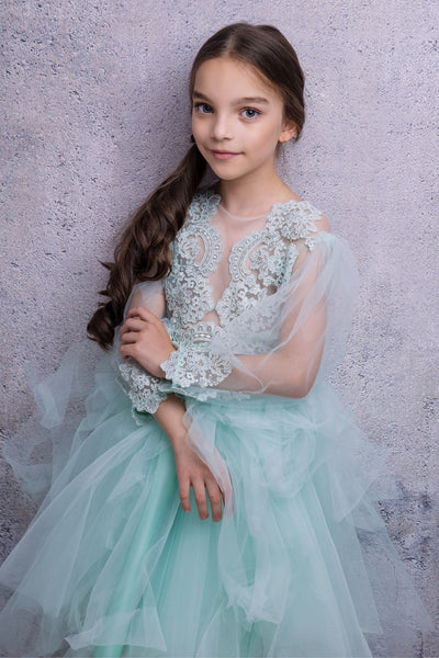 mint midi girl party dress with multi-layer tulle skirt and lace details