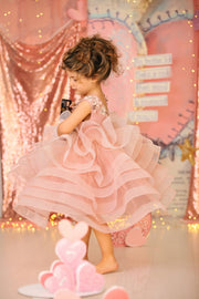 Voluminous pink flower girl dress with floral embroidery - Girl dress for special occasions