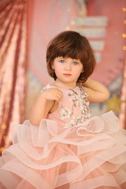 Voluminous pink flower girl dress with floral embroidery - Girl dress for special occasions