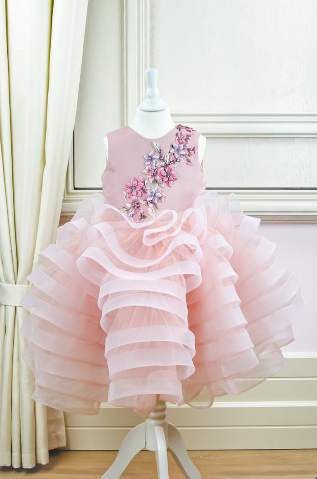 handmade, blush pink flower girl dress with a voluminous, multi-layer tulle skirt with floral embroidery