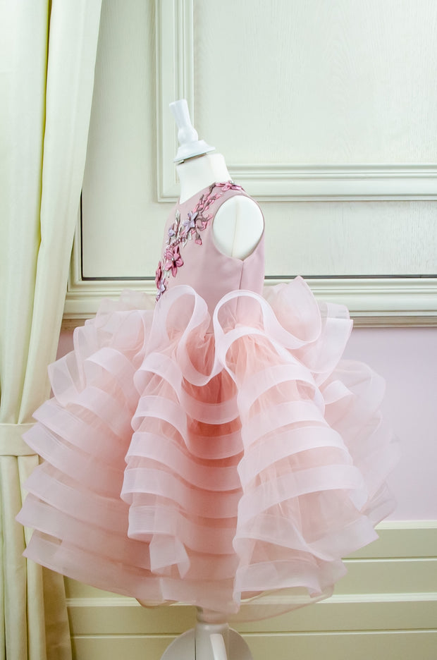 handmade, blush pink flower girl dress with a voluminous, multi-layer tulle skirt with floral embroidery