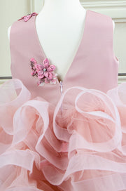 handmade, blush pink flower girl dress with a voluminous, multi-layer tulle skirt with floral embroidery