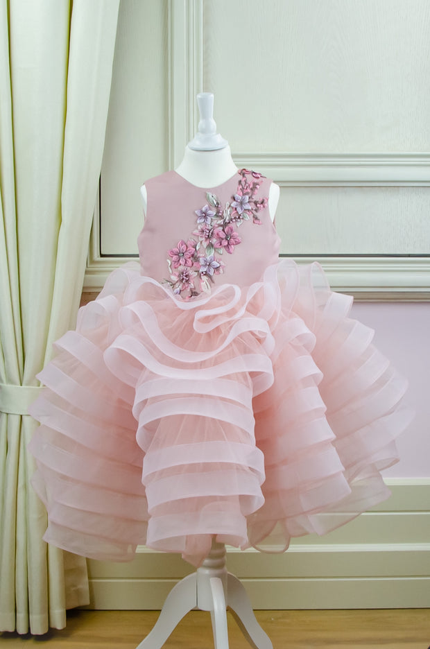 handmade, blush pink flower girl dress with a voluminous, multi-layer tulle skirt with floral embroidery