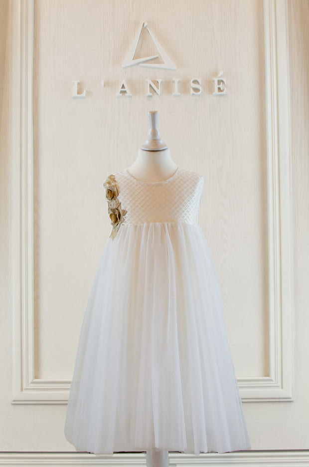 handmade, empire flower girl white dress with gold embroidery