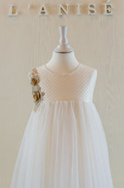 handmade, empire flower girl white dress with gold embroidery