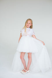 White high-low hem flower girl dress with lace top
