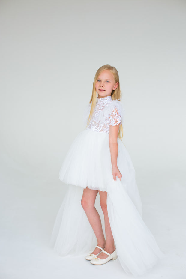 White high-low hem flower girl dress with lace top