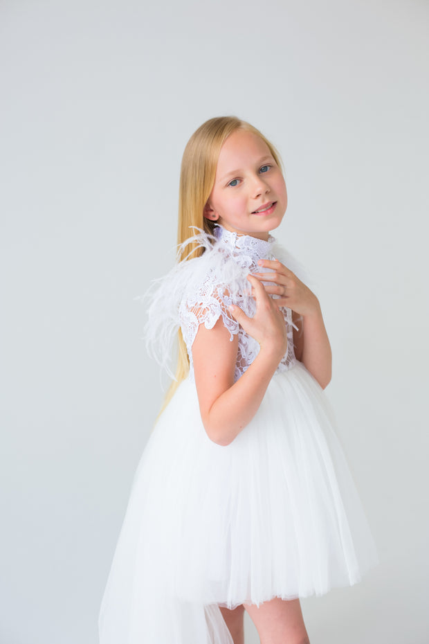 White high-low hem flower girl dress with lace top