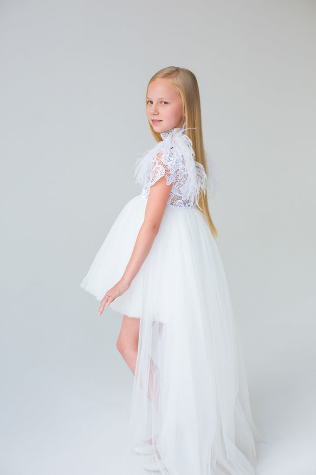 White high-low hem flower girl dress with lace top