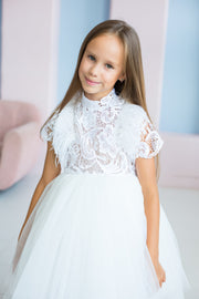 White high-low hem flower girl dress with lace top