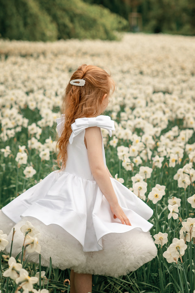 Short white satin tutu dress with tulle ruffles and satin ribbons on the shoulders. For special occasions: Wedding, Birthday party, Prom, Flower girl, Eid, and other events.