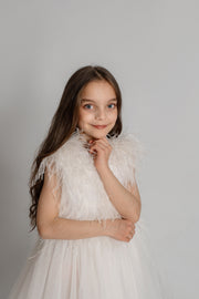 Knee-length elegant girl dress with a tulle skirt and top embellished with feathers for special occasions, weddings, flower girls, first communion dress.