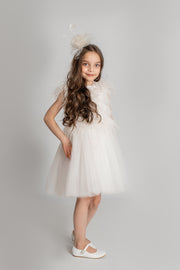 Knee-length elegant girl dress with a tulle skirt and top embellished with feathers for special occasions, weddings, flower girls, first communion dress.