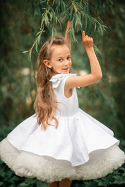 Short white satin tutu dress with tulle ruffles and satin ribbons on the shoulders. For special occasions: Wedding, Birthday party, Prom, Flower girl, Eid, and other events.