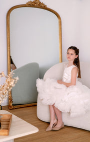 Voluminous, midi white tulle dress with tulle ruffle details, tulle top with sequin embroidery and a big bow accent at the waistline. Handmade with love. For special occasions: Wedding, Birthday party, Prom, Flower girl, Eid, and other events.