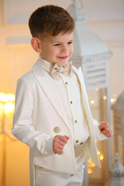 handmade white ring bearer tuxedo suit for boys with a white shirt and a beige bow tie
