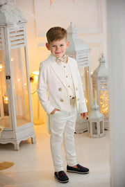 handmade white ring bearer tuxedo suit for boys with a white shirt and a beige bow tie