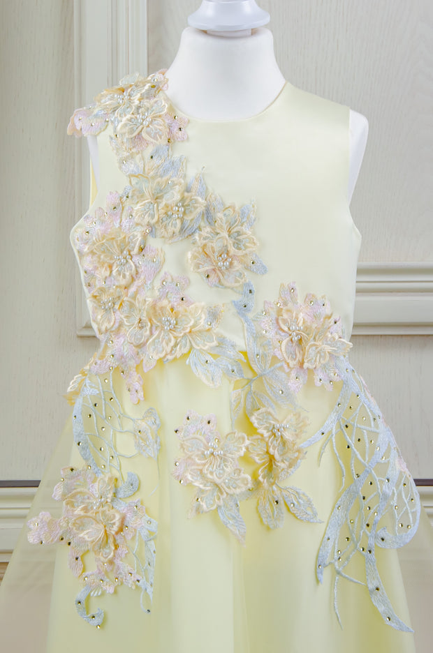 handmade long yellow A-line flower girl dress with a long tulle skirt and hand-embroidered top with flowers, pearls and rhinestones.